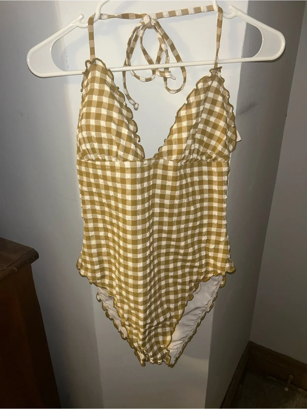 J. Crew Yellow and White Gingham Halter One-Piece Swimsuit